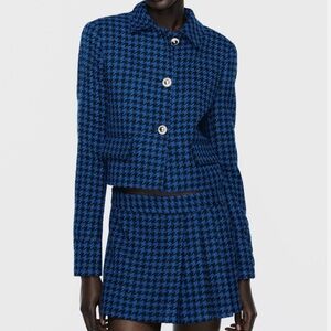 Zara Blue and Black Houndstooth matching blazer and Box Pleat Skort